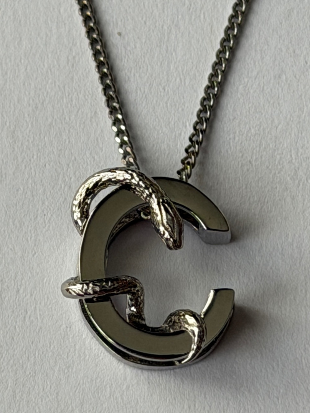 Saint Laurent YSL Sterling Silver C Initial Letter Snake Pendant Chain Necklace